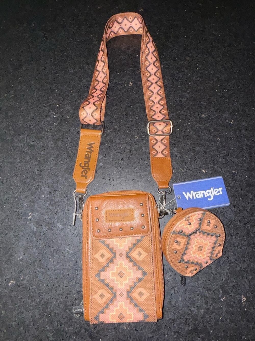 NEW Wrangler Brown Peach Aztec Southwestern Crossbody Phone Bag Coin Pouch